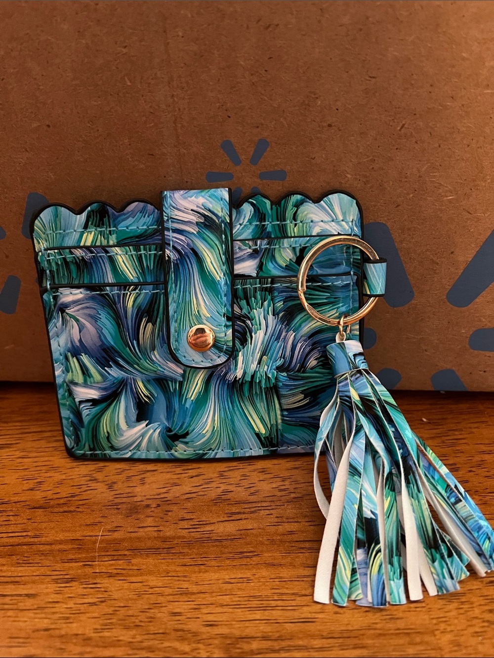Swirl Print Card Holder with Tassel Keyring - Teal Blue Green
